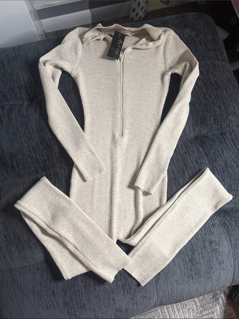 Private Label Ribbed Long Sleeve Zip-Front Jumpsuit in Cream